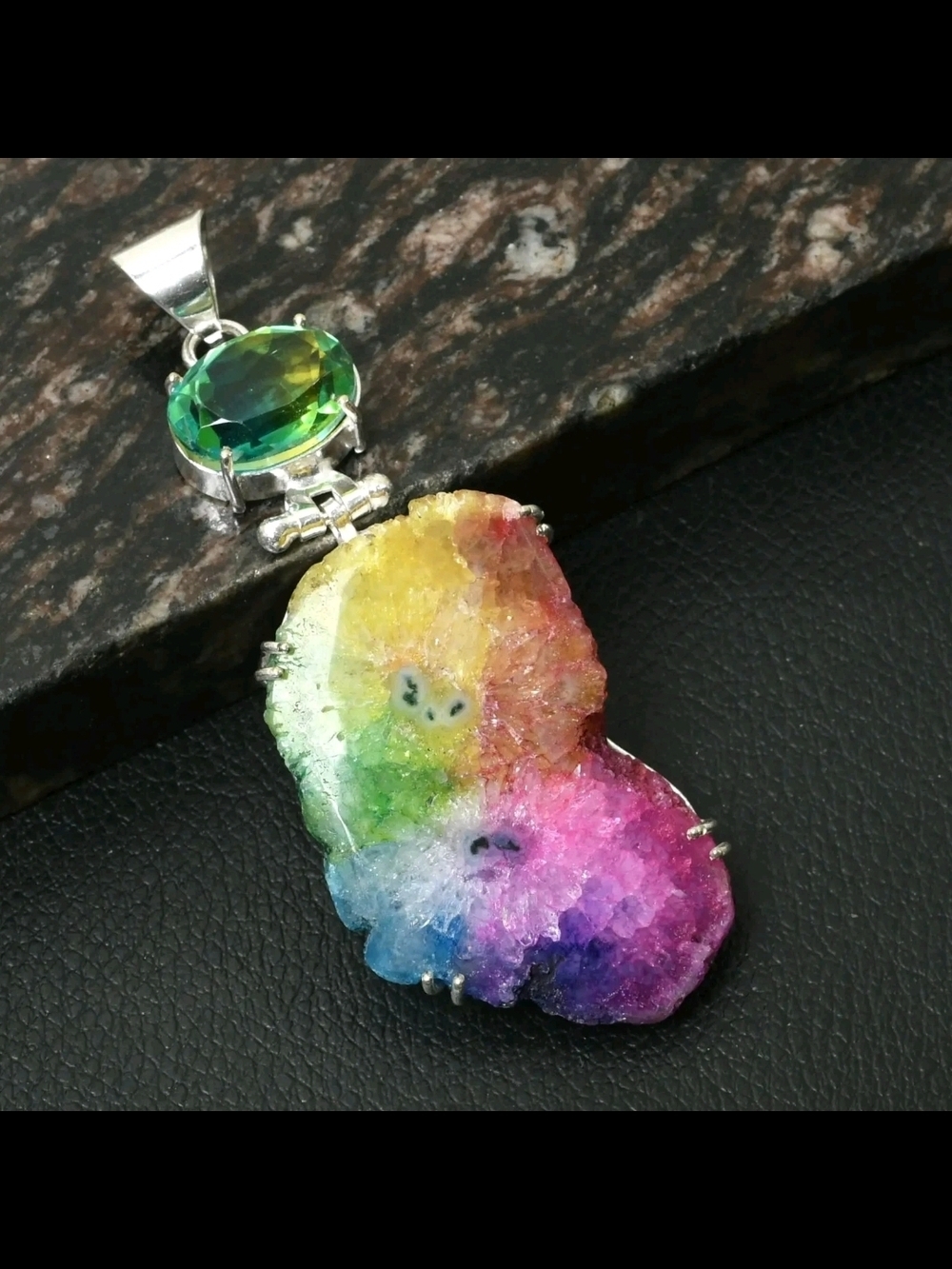 Handmade Silver Rainbow Solar Quartz Druzy Pendant